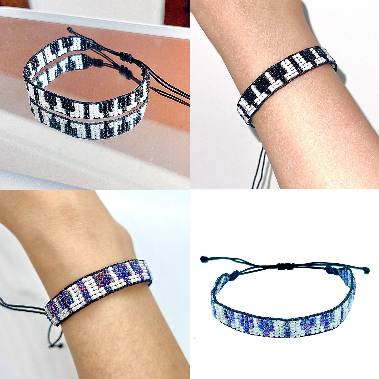 US Handmade "Piano Keyboard" Glass Bead Bracelet Adjustable with Slide Closure