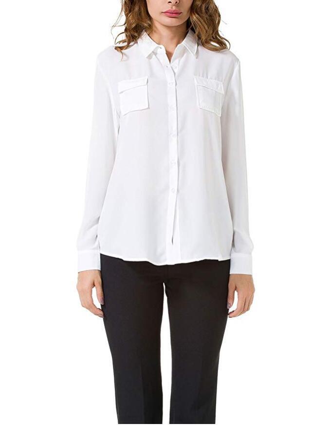 Women's Chiffon Casual Button Down Shirt Long Sleeve Loose Blouse Chest Pockets