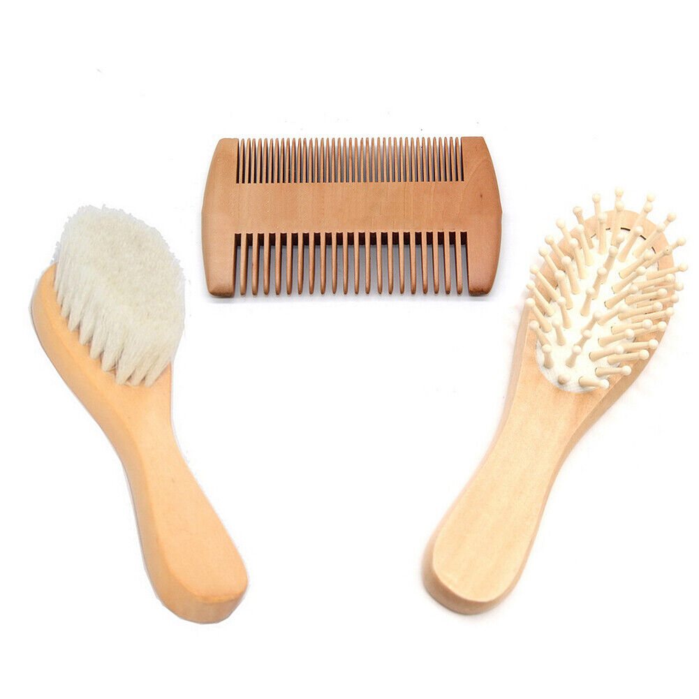 US 3Pack Wooden Baby Hair Brush Comb Set Fineborn Toddler Bristles Massage Scalp