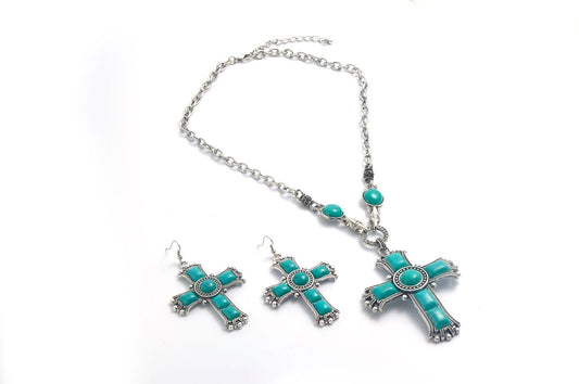 Blue Howlite Necklace with Howlite Cross Pendant + Earring in Silvertone Chain