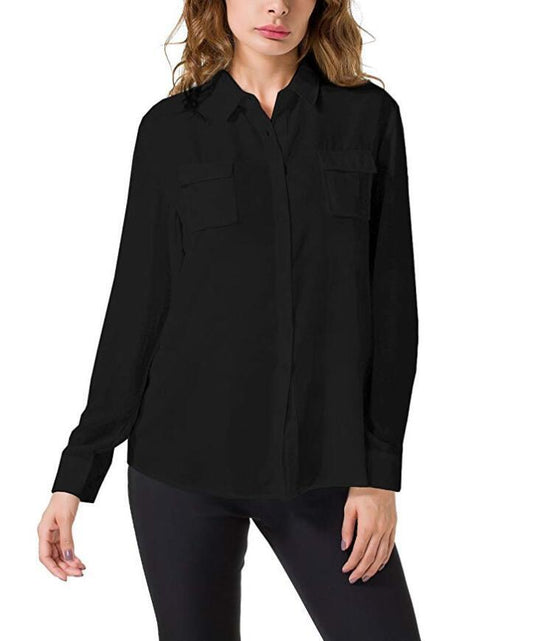 Women's Chiffon Casual Button Down Shirt Long Sleeve Loose Blouse Chest Pockets