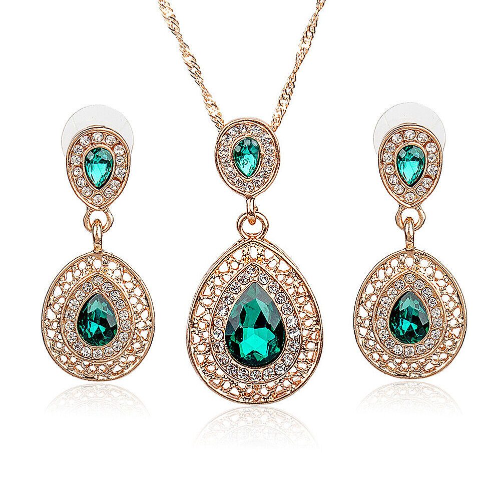 US 2 Pcs Pearl Rhinestone Crystal Peacock Themed Necklace + Earrings Jewelry Set