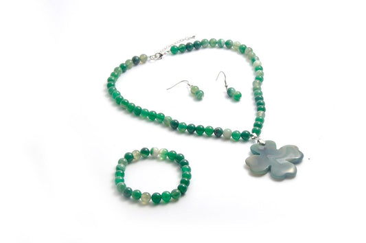 GREEN AGATE SET OF NECKLACE+STRETCHABLE BRACELET+EARRING