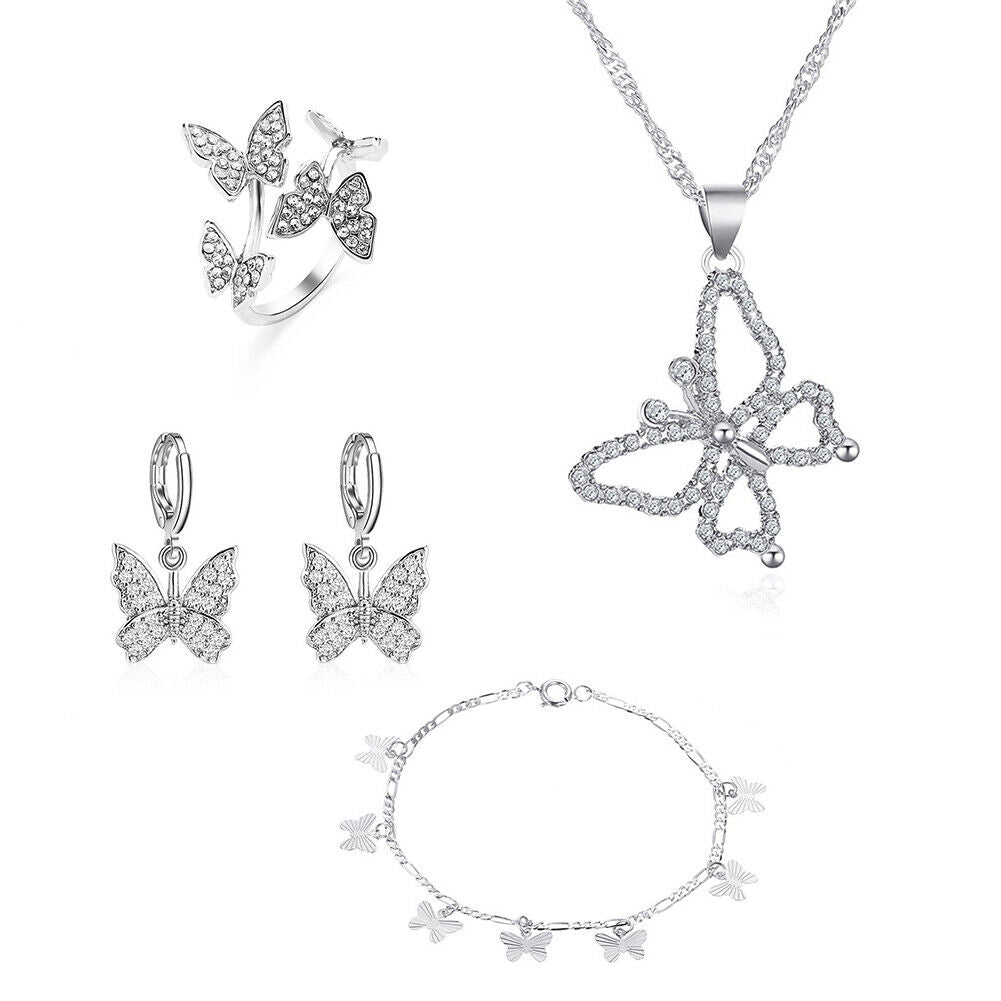 US Butterfly Jewelry Set Rhinestone Crystal Necklace, Bracelet, Earrings, Ring