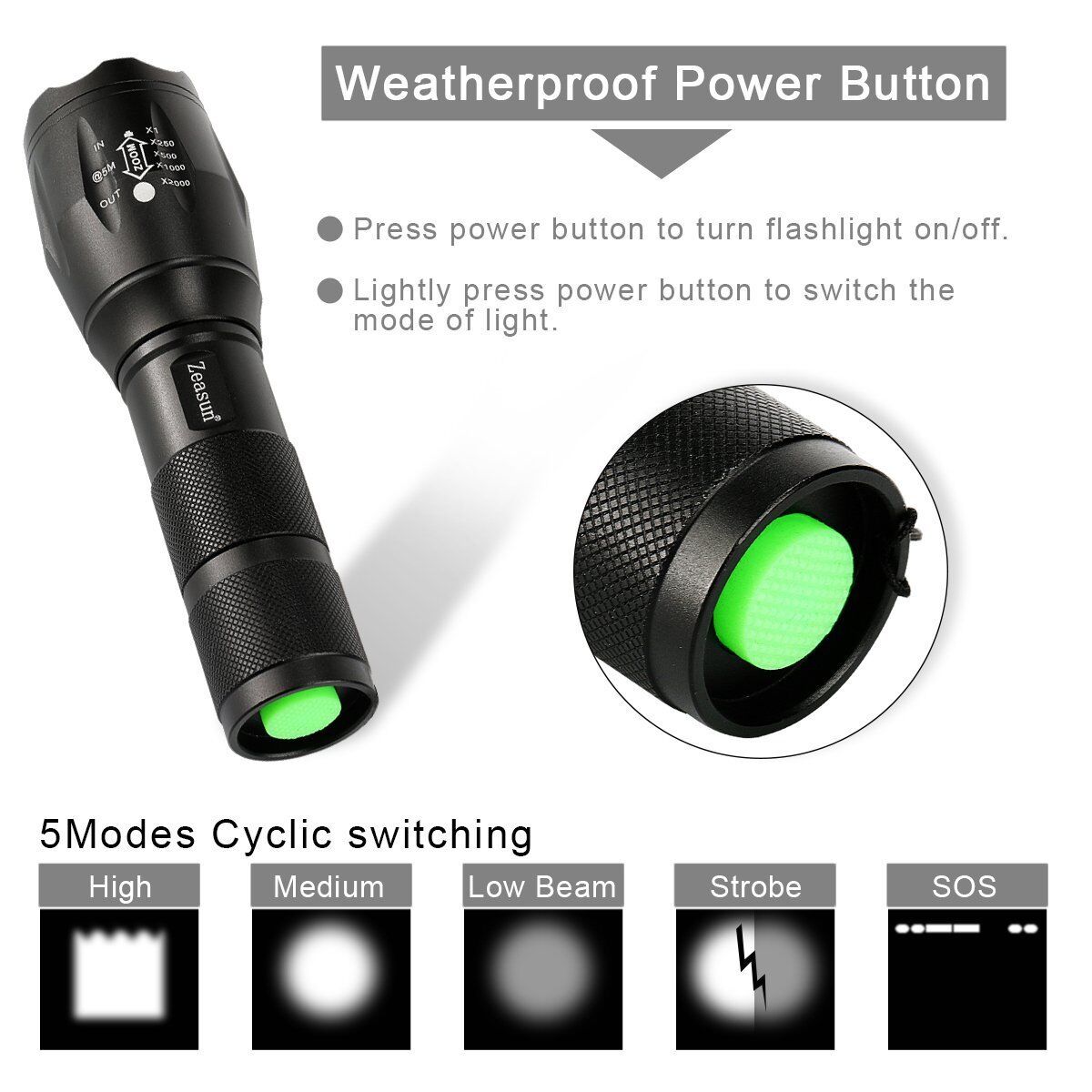 Zeasun A100 Tactical Telescoping Handheld Flashlight 900 Lumen 5 Modes Outdoor S