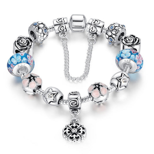 European S925 Glass Bead Charms Bracelets With Crystal Fit Women Bangle Jewelry