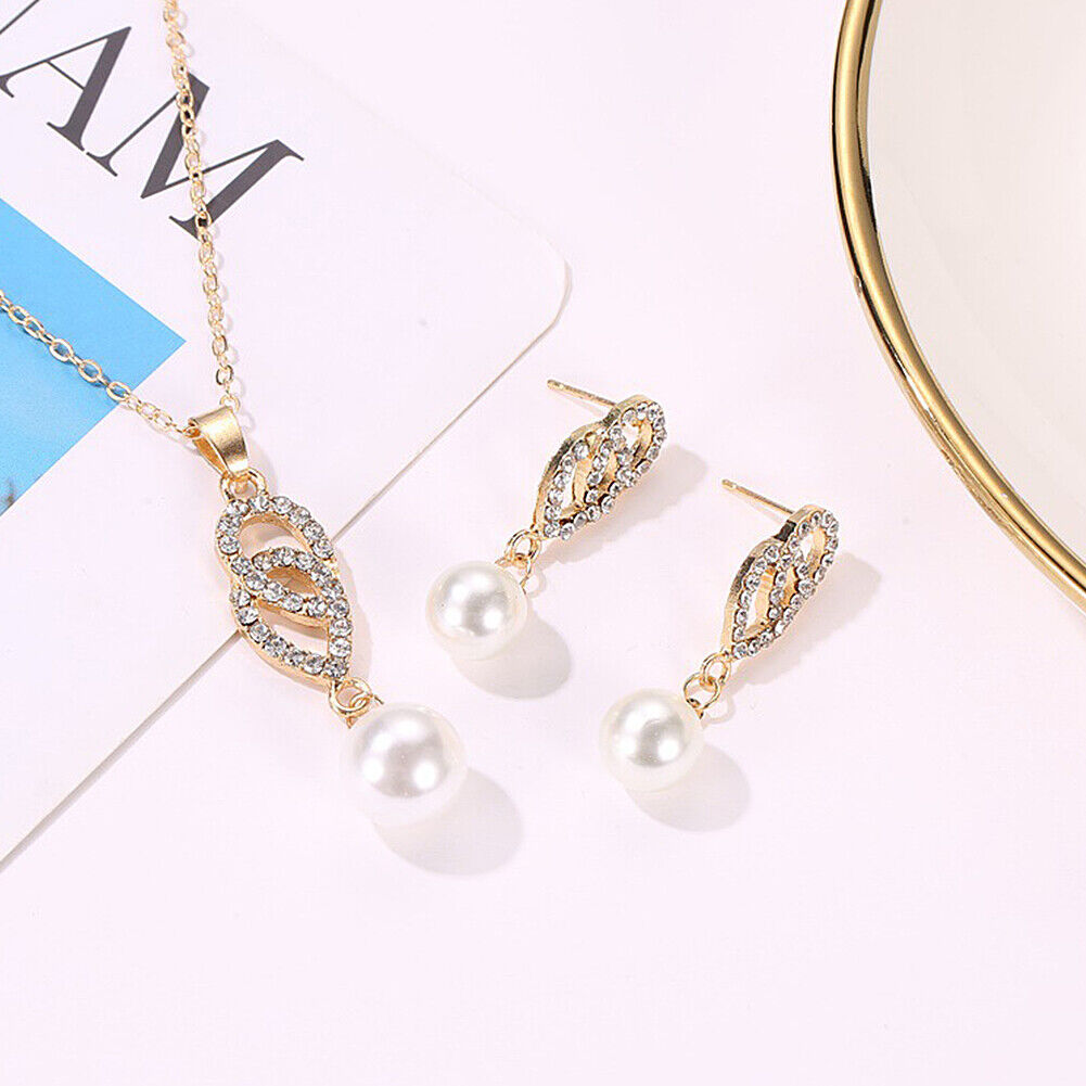 US 2 Pcs Pearl Rhinestone Crystal Peacock Themed Necklace + Earrings Jewelry Set