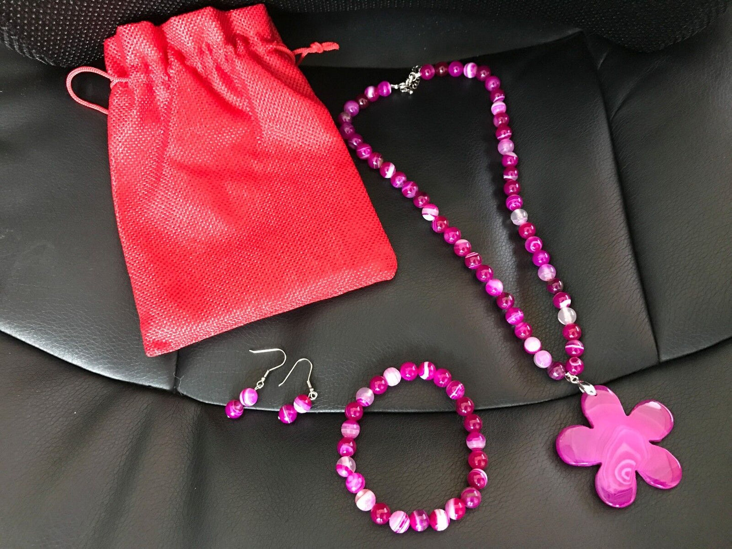 PURPLE AGATE SET OF NECKLACE + STRETCHABLE BRACELET + EARRING