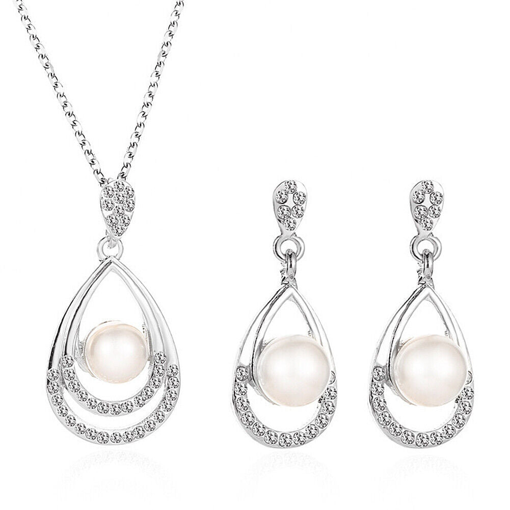 US 2 Pcs Pearl Rhinestone Crystal Peacock Themed Necklace + Earrings Jewelry Set