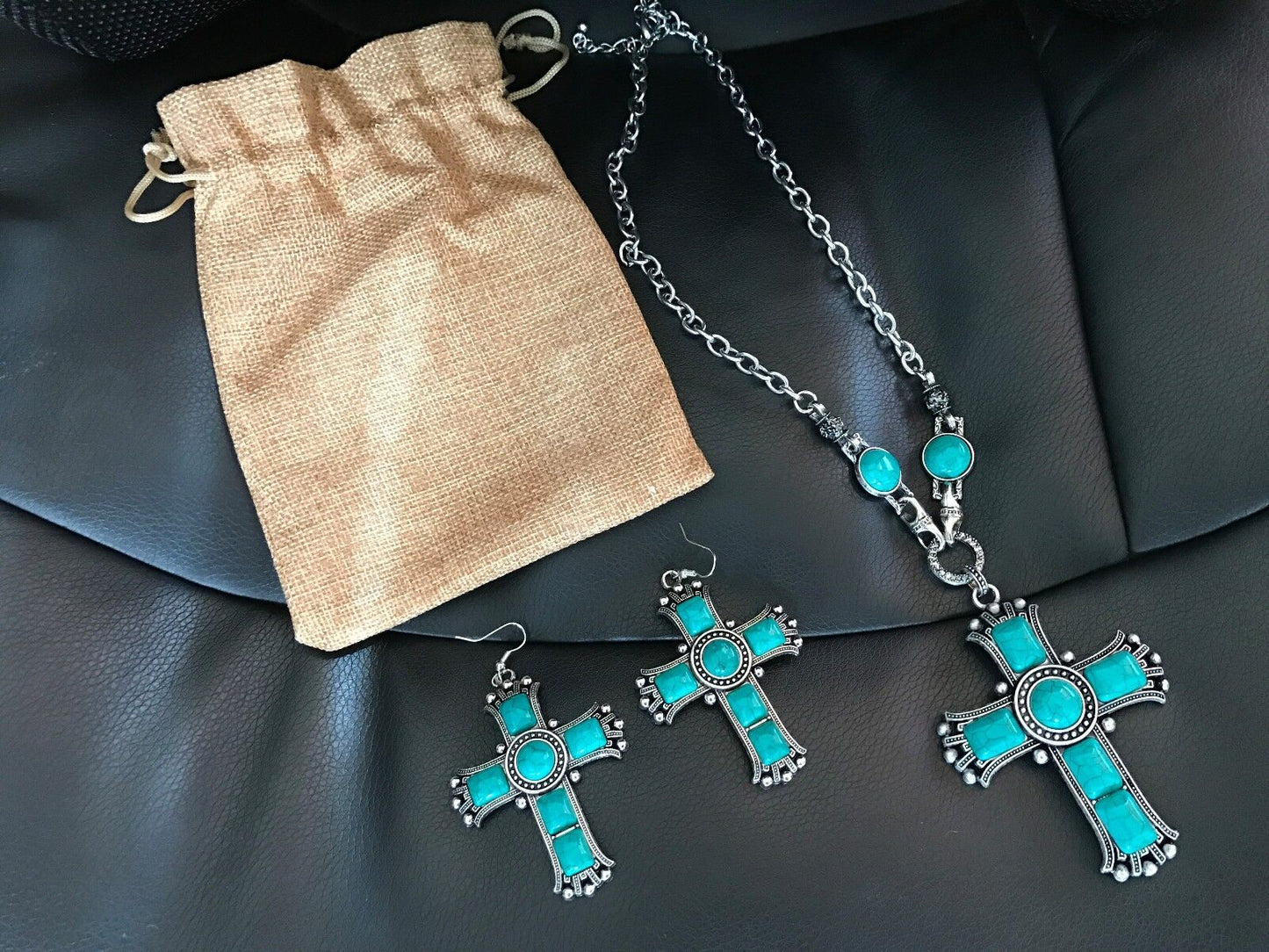 Blue Howlite Necklace with Howlite Cross Pendant + Earring in Silvertone Chain