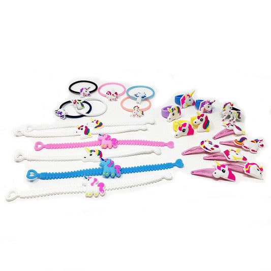 24-48 Rainbow Unicorn Jewelry Set Party Hair Band Bracelet Rings Hair Clip Kids