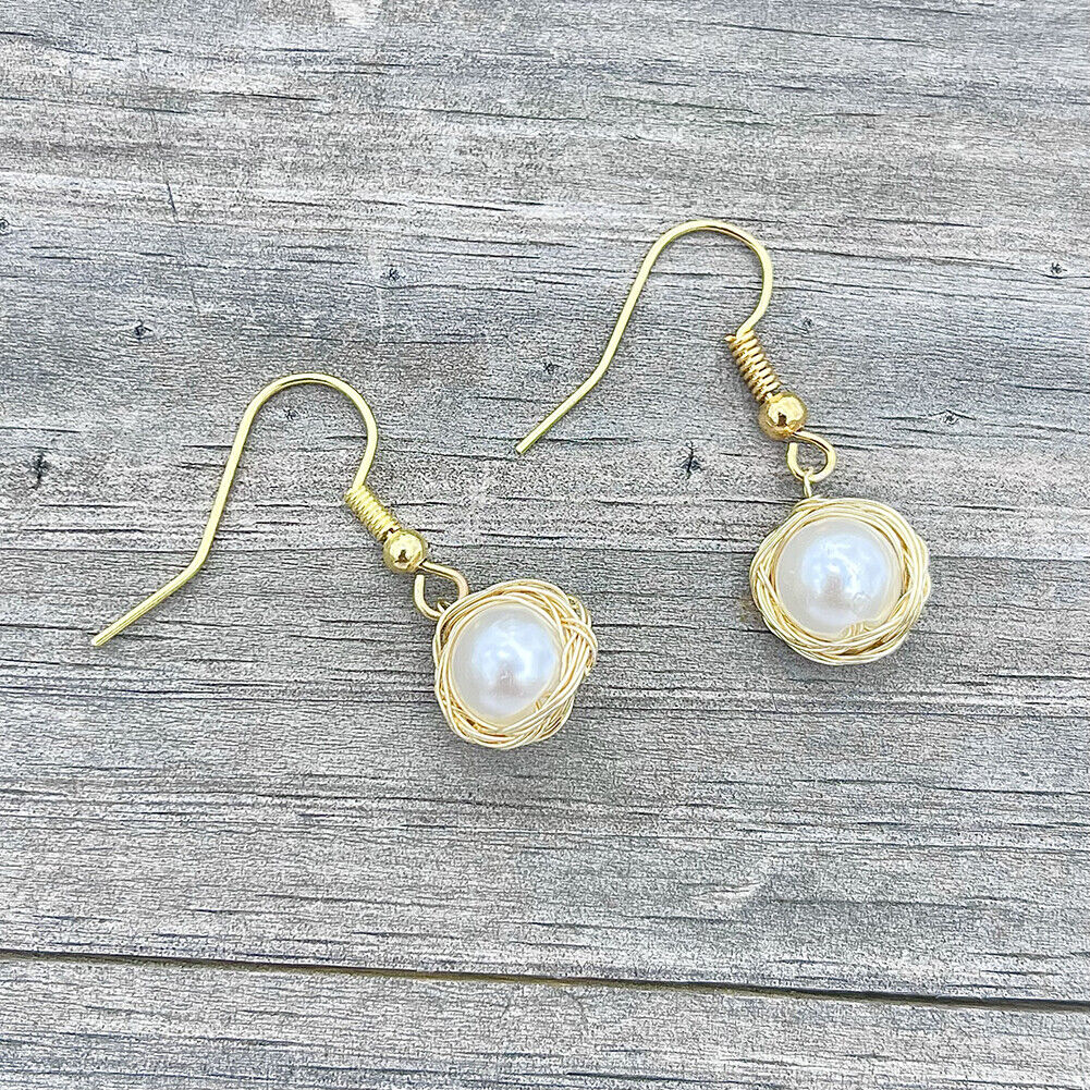 Magik Handmade Bird Nest Design Wiring 8mm Simulated Pearl High Luster Earrings