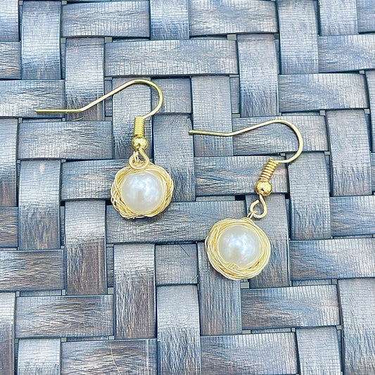 Magik Handmade Bird Nest Design Wiring 8mm Simulated Pearl High Luster Earrings