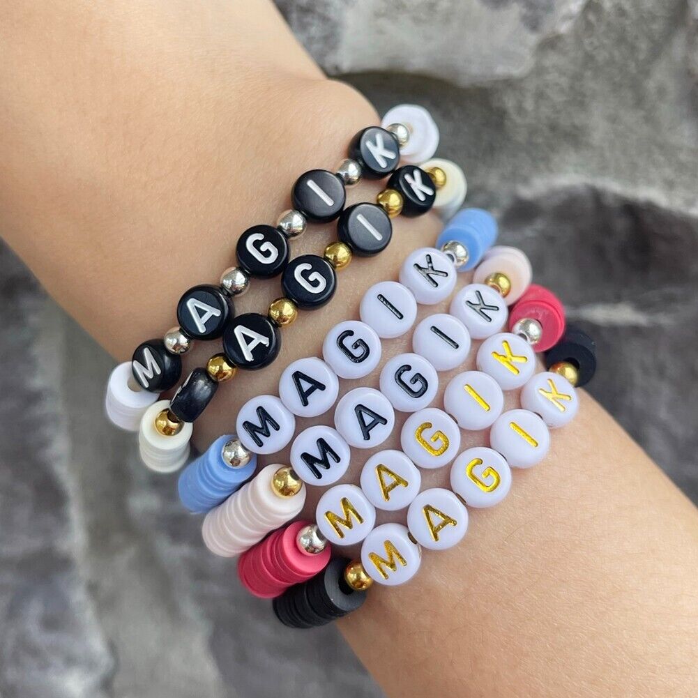 US Custom Heishi Bead Name Bracelet, Personalized Disc Stackable Mama Bracelet