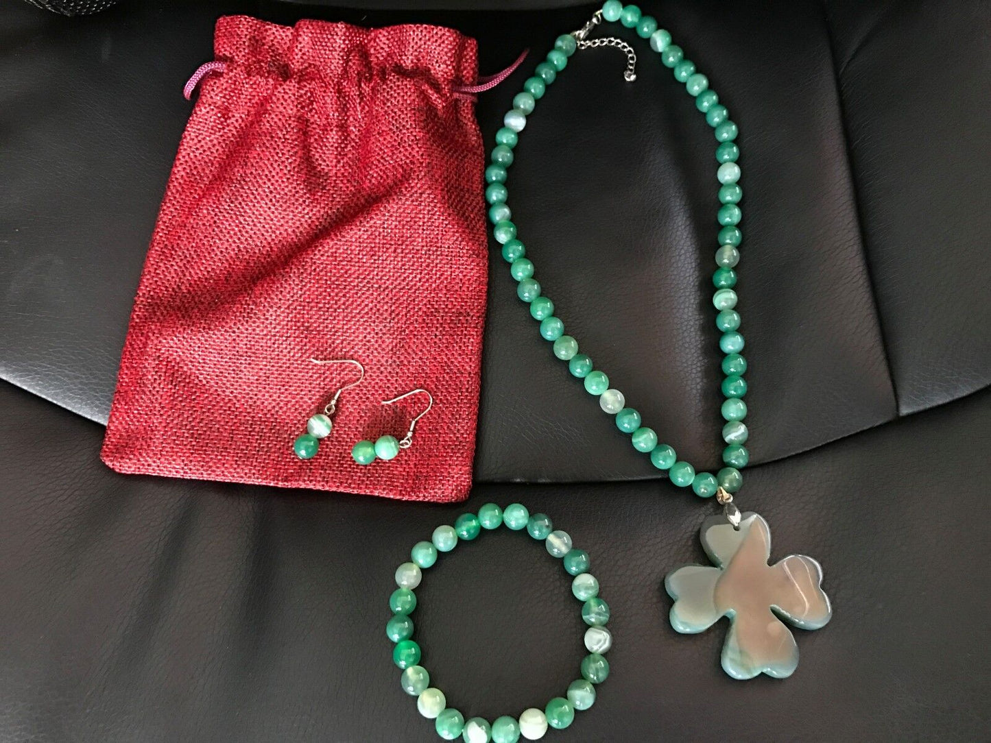 GREEN AGATE SET OF NECKLACE+STRETCHABLE BRACELET+EARRING