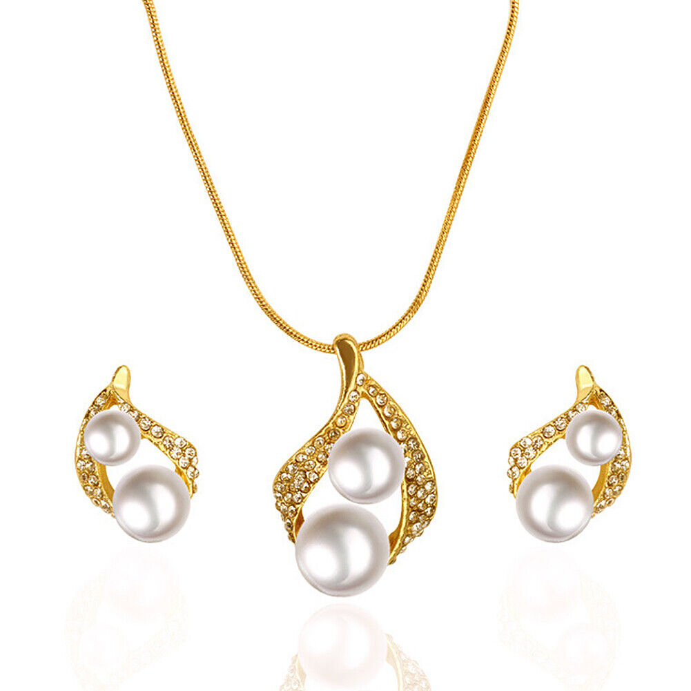 US 2 Pcs Pearl Rhinestone Crystal Peacock Themed Necklace + Earrings Jewelry Set