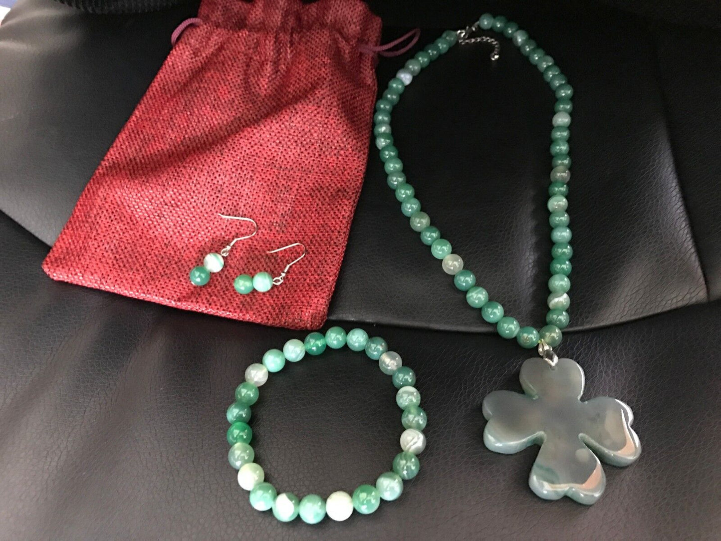 GREEN AGATE SET OF NECKLACE+STRETCHABLE BRACELET+EARRING