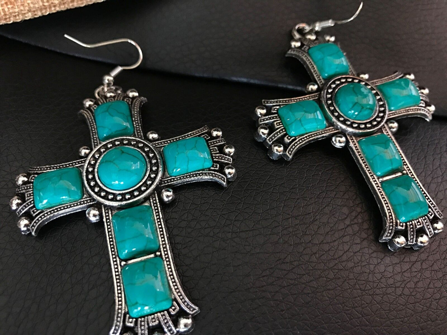 Blue Howlite Necklace with Howlite Cross Pendant + Earring in Silvertone Chain