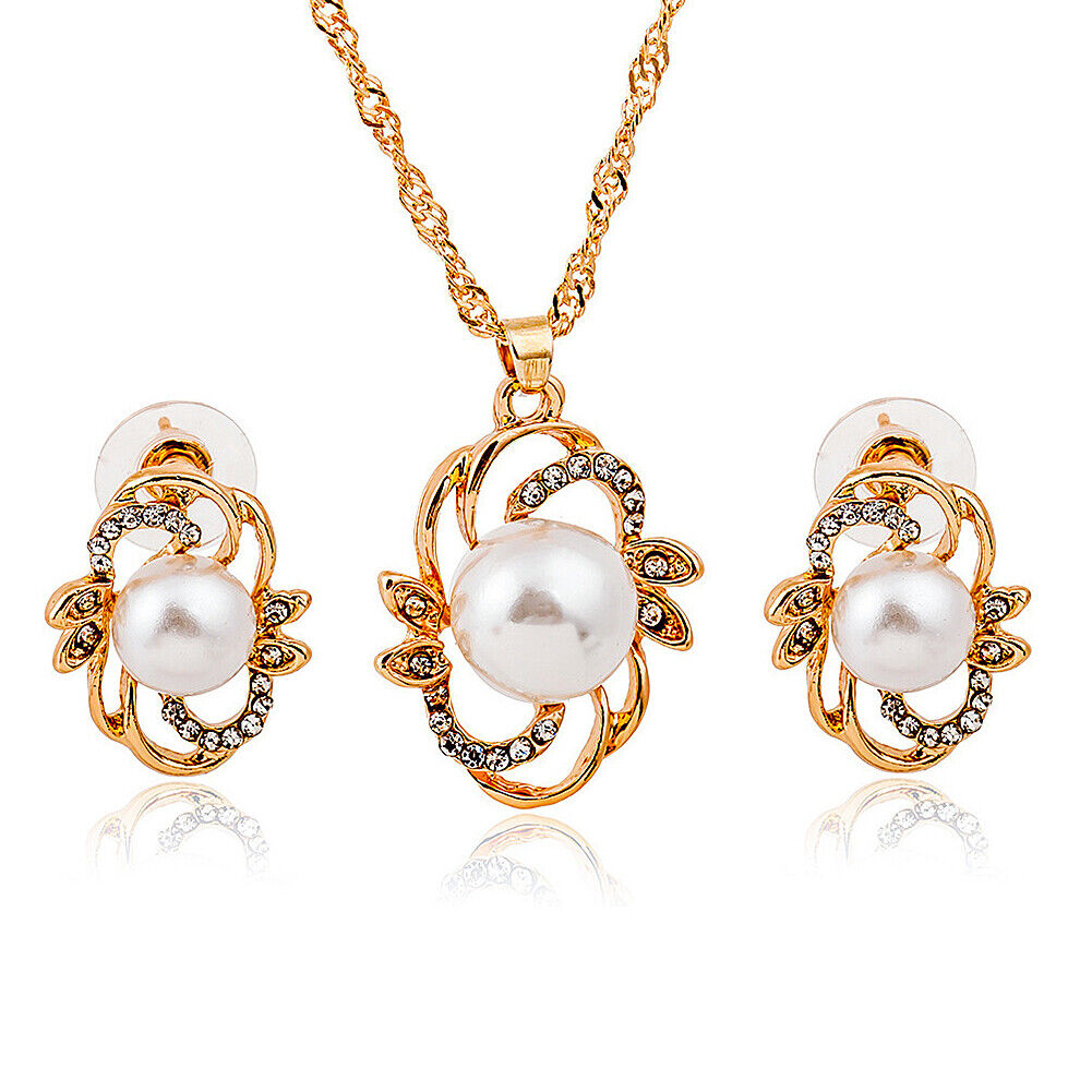 US 2 Pcs Pearl Rhinestone Crystal Peacock Themed Necklace + Earrings Jewelry Set