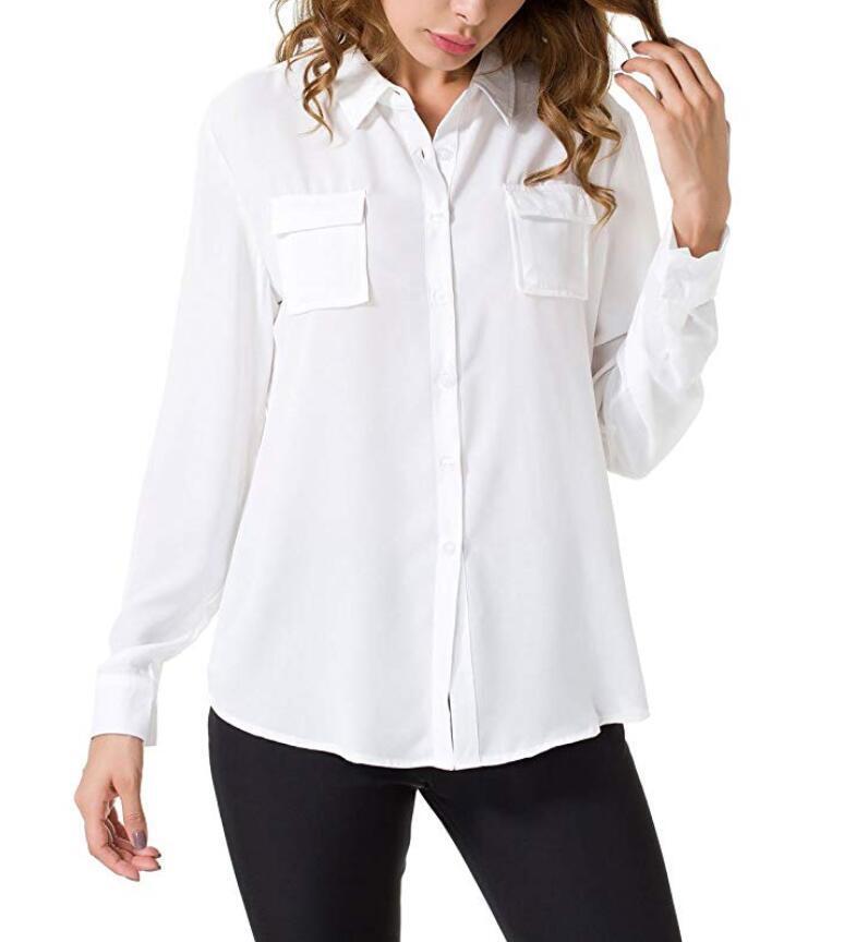 Women's Chiffon Casual Button Down Shirt Long Sleeve Loose Blouse Chest Pockets