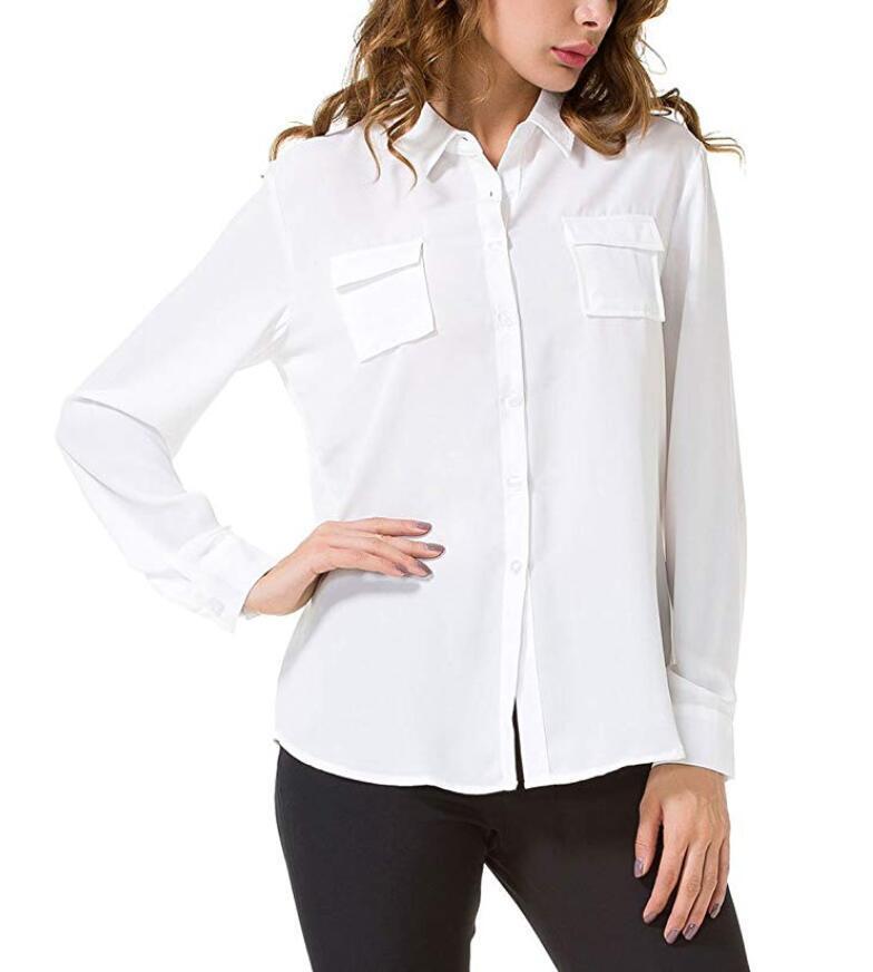 Women's Chiffon Casual Button Down Shirt Long Sleeve Loose Blouse Chest Pockets