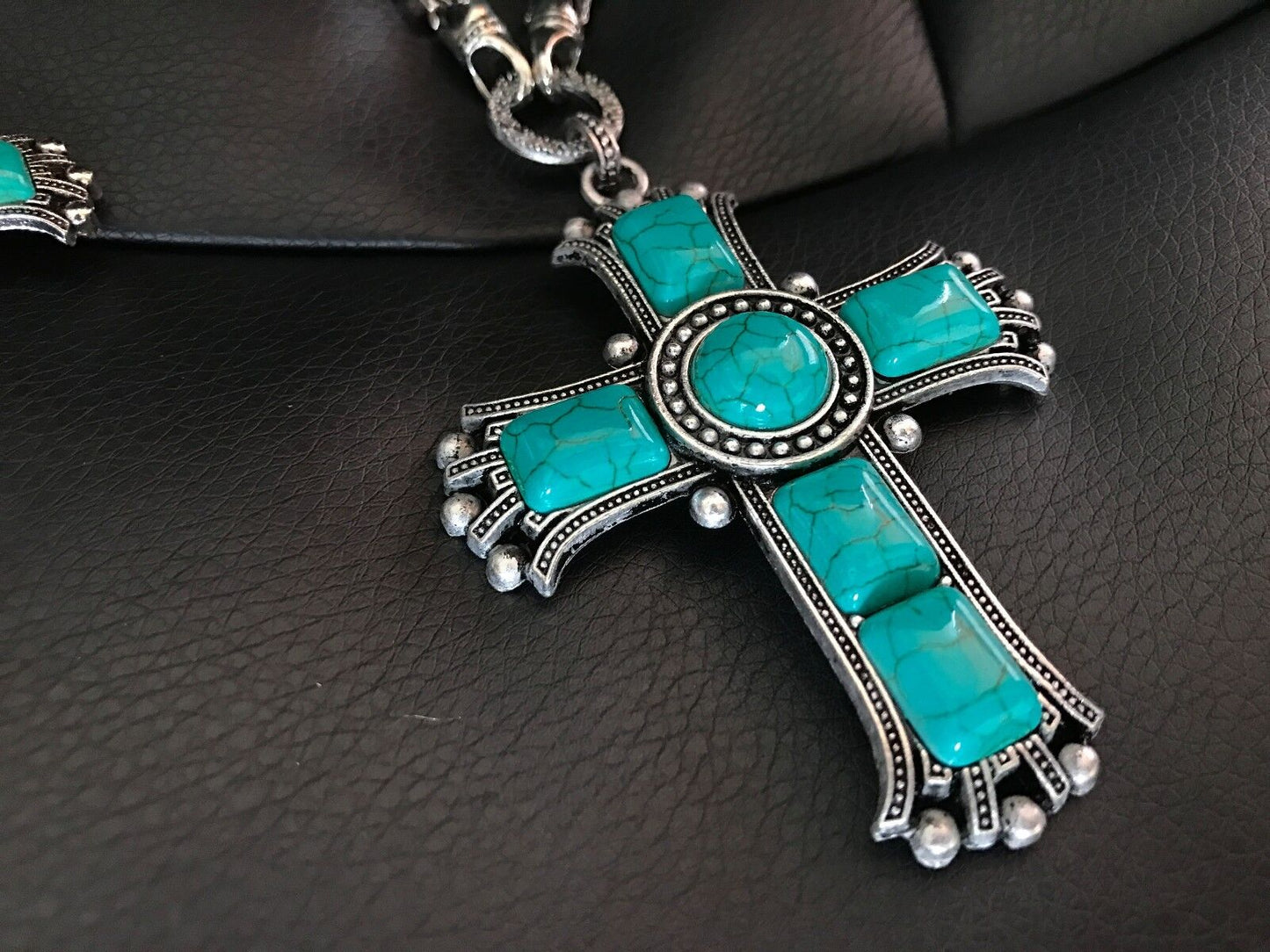 Blue Howlite Necklace with Howlite Cross Pendant + Earring in Silvertone Chain