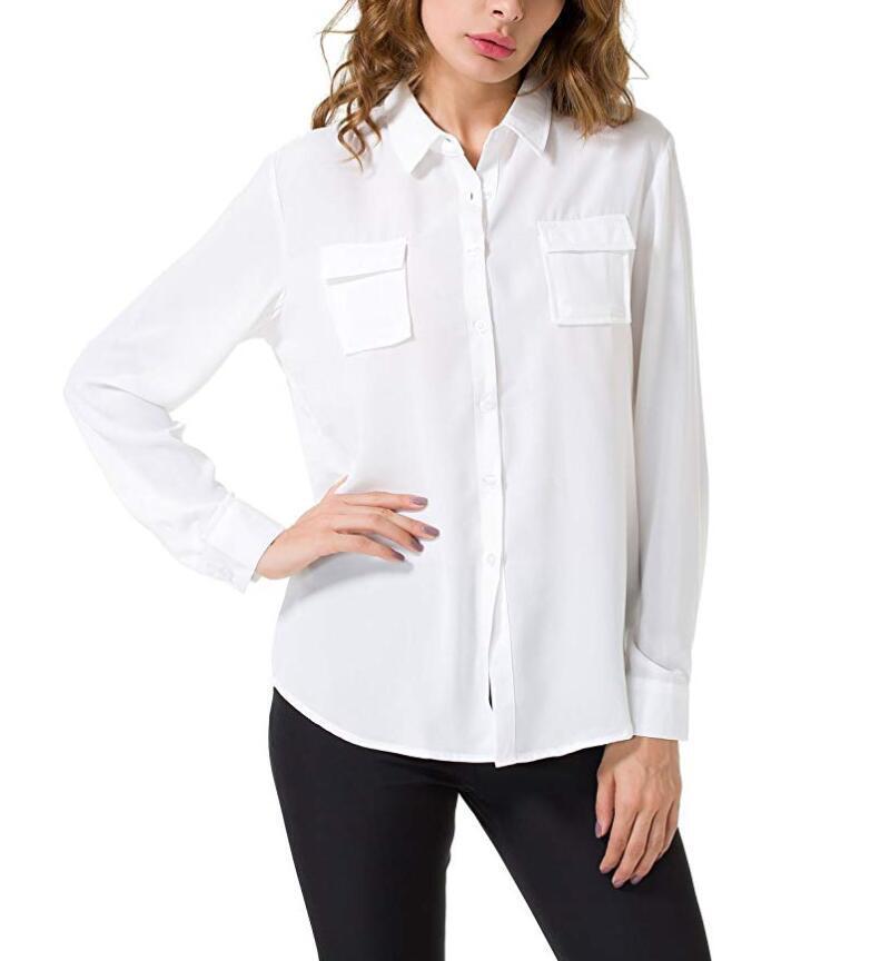 Women's Chiffon Casual Button Down Shirt Long Sleeve Loose Blouse Chest Pockets