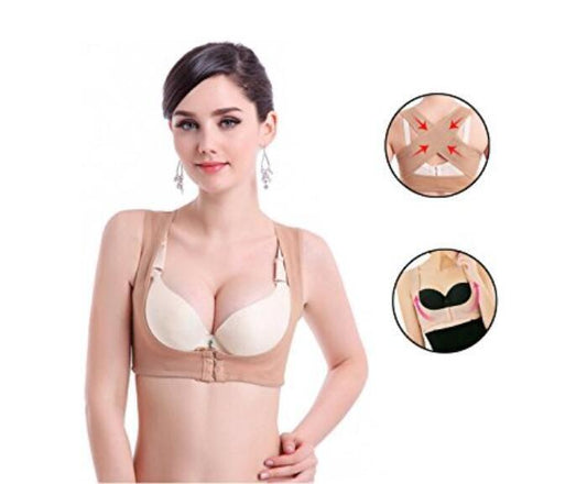Women Chest Brace Up Hunchback Posture Shape Corrector X Strap Vest (M, Beige)
