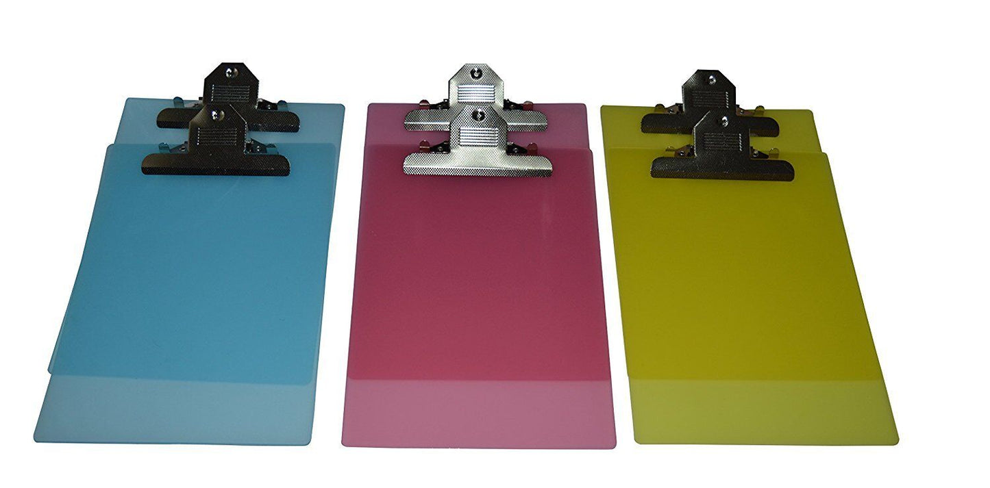 6 Pack Standard Size Plastic Clipboard 12.5”x9” (2 Pink,2 Yellow,2 Blue)