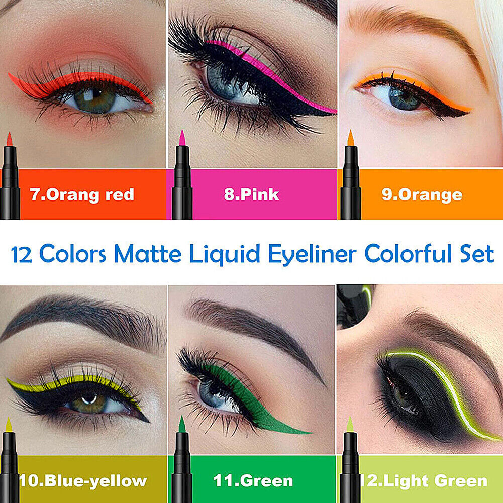 US 12 Colors Liquid Eyeliner Pen Set Matte Waterproof Smudge-Proof Smooth Vivid