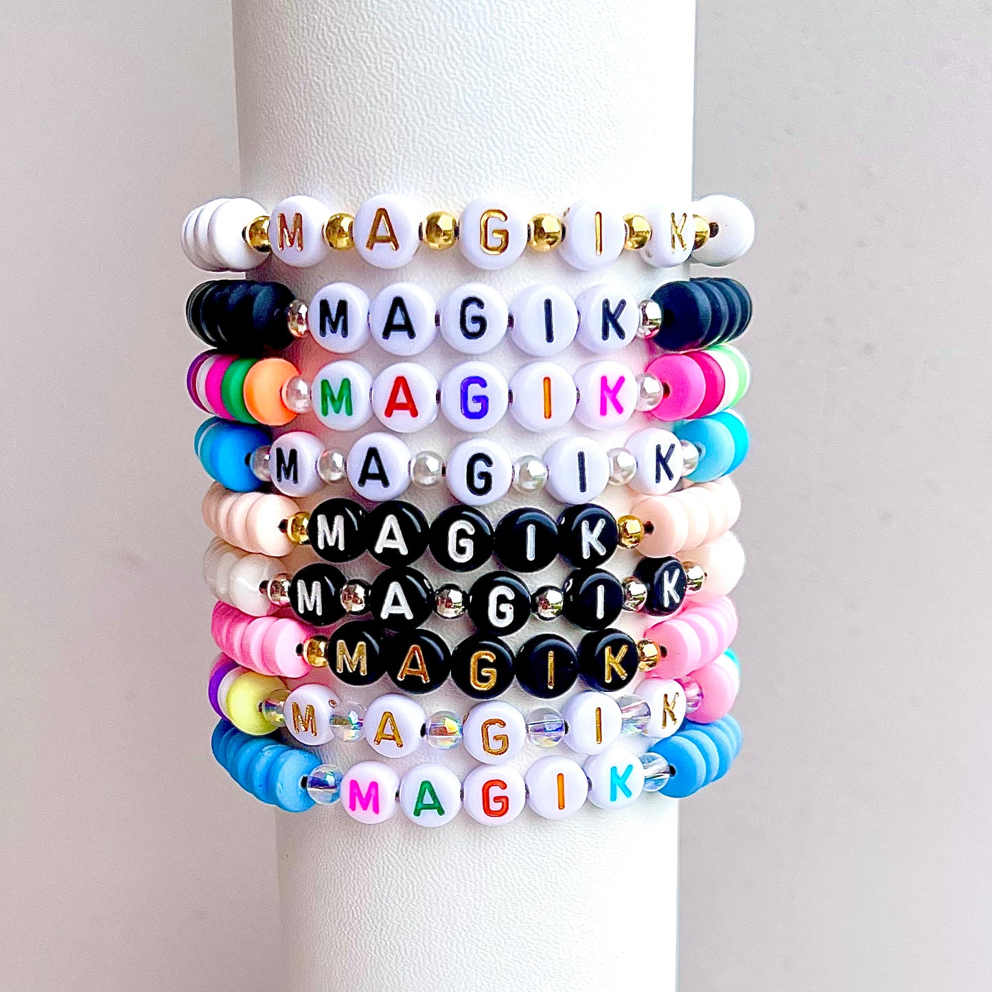 Magik Custom Frosted Rondelle Heishi Name Bracelet Elastic Stretch Bracelet Soft Ceramic Mama Bracelet Personalize Gift for Men Women Boy Girl