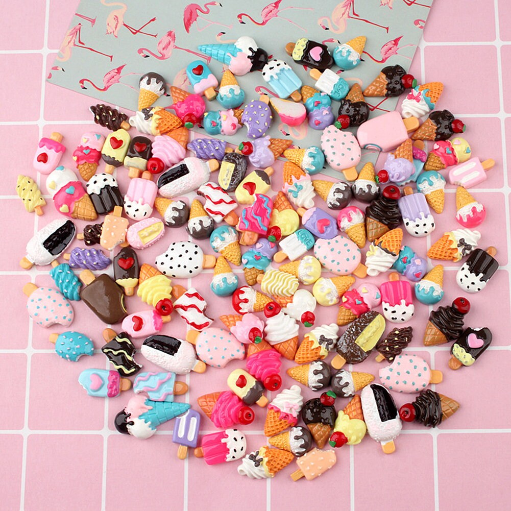 US 50-100 Pc Slime  Icecream&Pops Resin Flat Back Jewelry Crafts Scrap-booking Charms DIY, Ice-cream and Pops