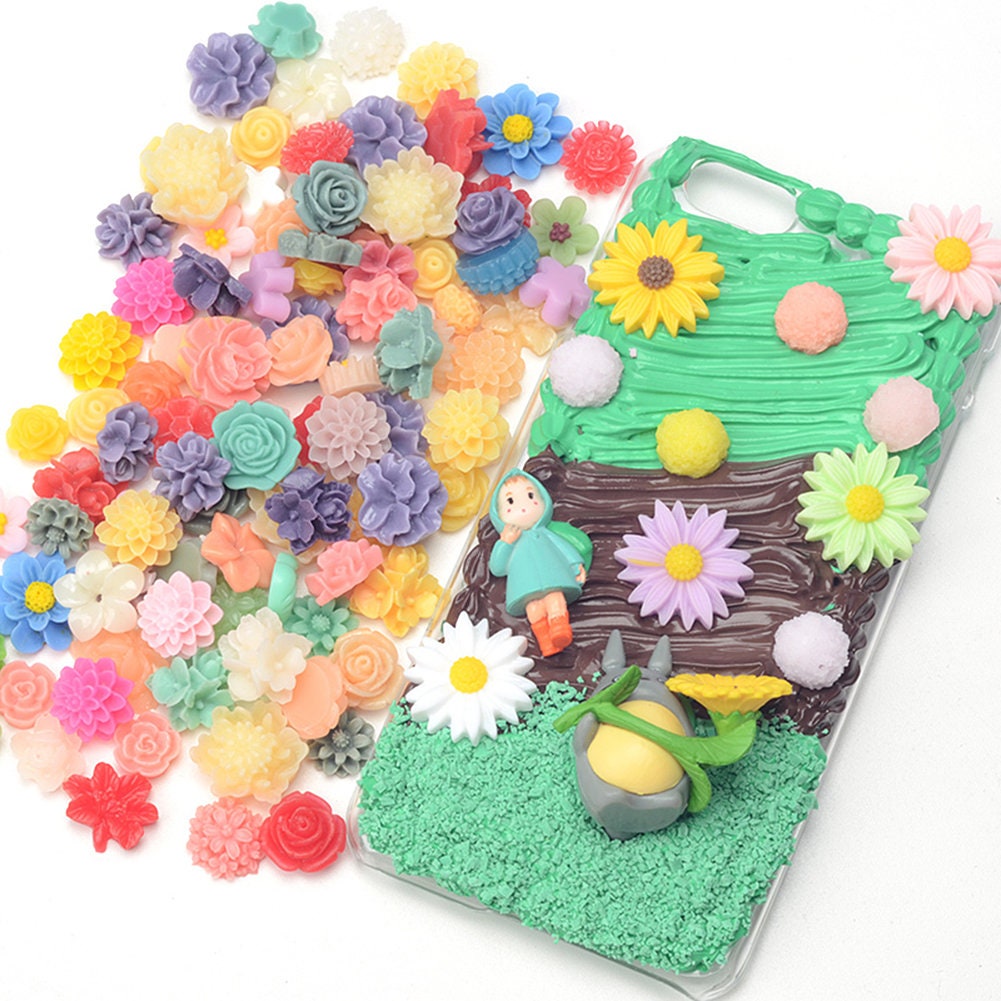 US 50-100 Pc Slime Flower Resin Flat Back Jewelry Crafts Scrapbooking Charms DIY, Flowers