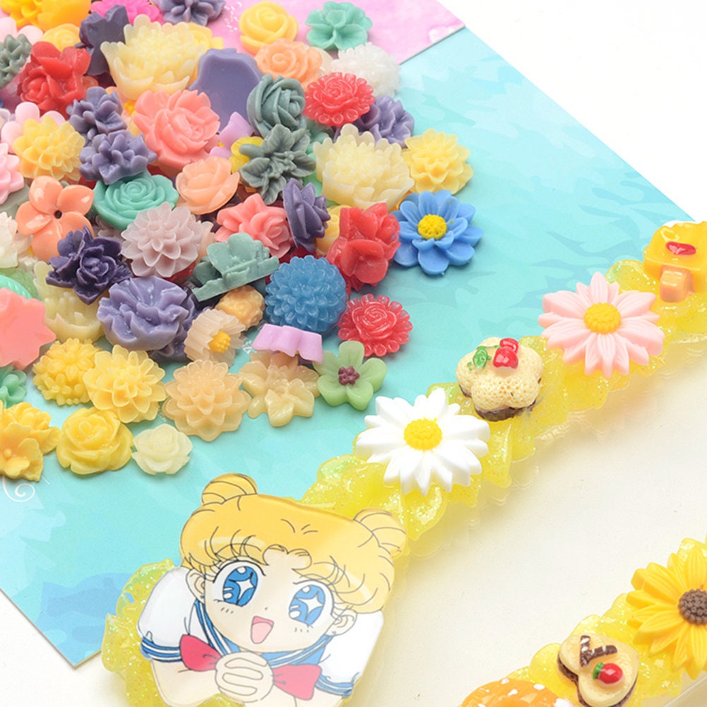 US 50-100 Pc Slime Flower Resin Flat Back Jewelry Crafts Scrapbooking Charms DIY, Flowers