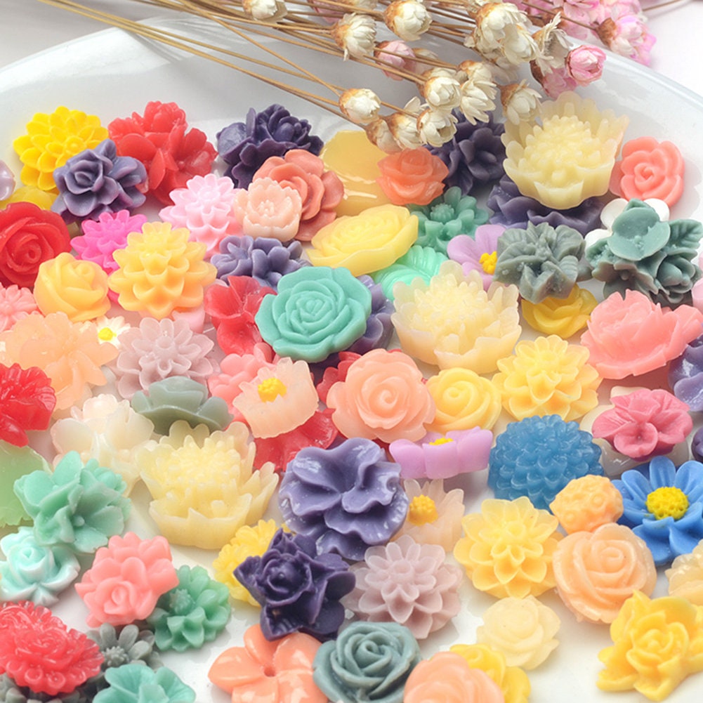 US 50-100 Pc Slime Flower Resin Flat Back Jewelry Crafts Scrapbooking Charms DIY, Flowers