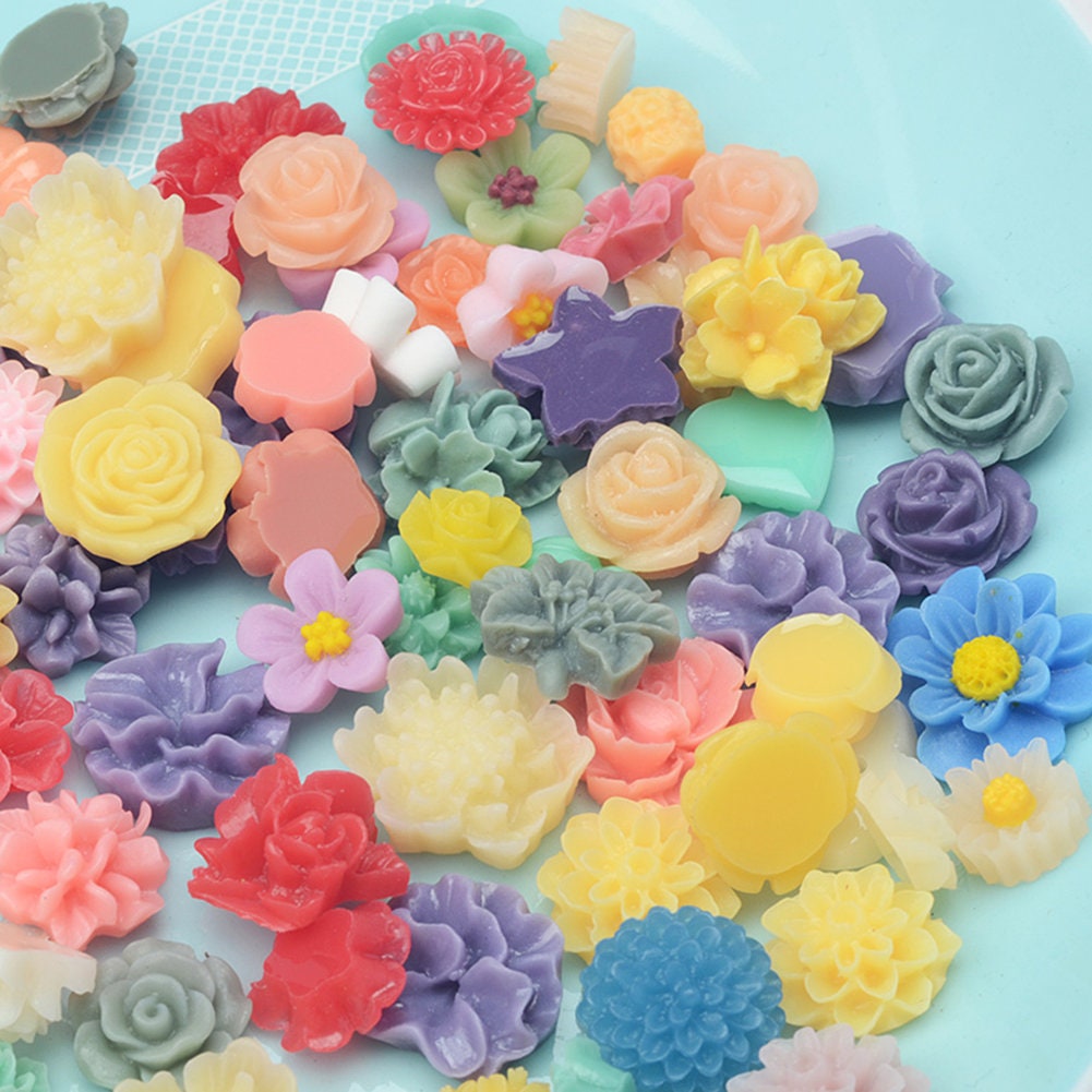 US 50-100 Pc Slime Flower Resin Flat Back Jewelry Crafts Scrapbooking Charms DIY, Flowers