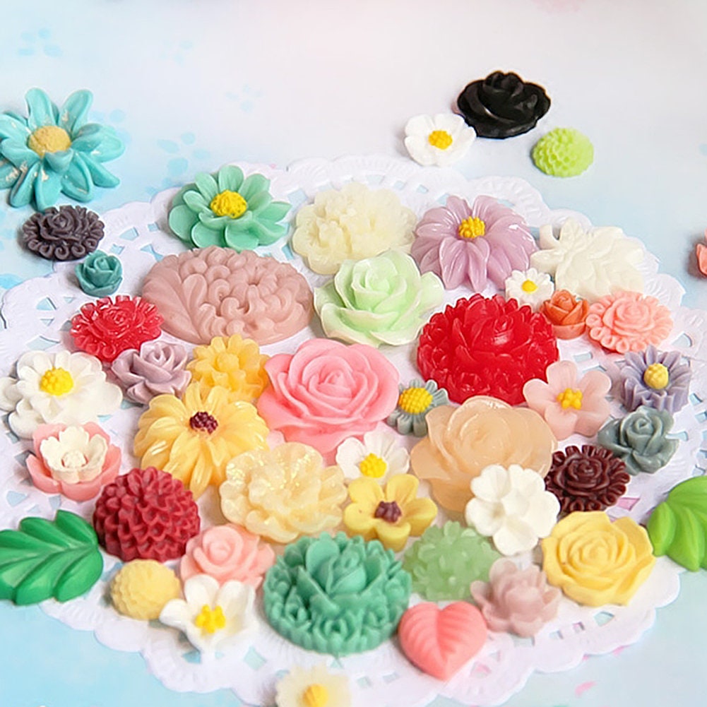 US 50-100 Pc Slime Flower Resin Flat Back Jewelry Crafts Scrapbooking Charms DIY, Flowers