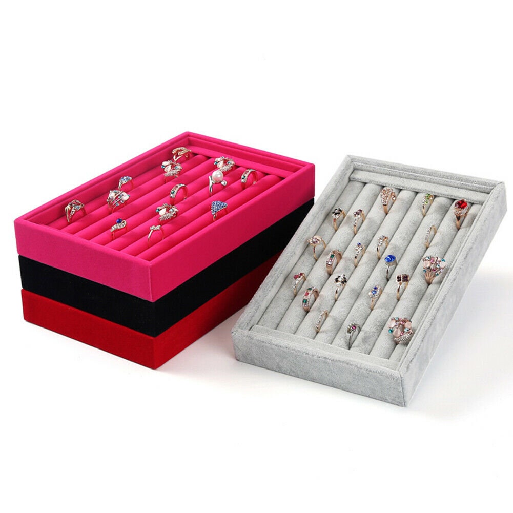 US 1-2 Pc Velvet Jewelry Ring Display Organizer Tray Holder Earring Storage Case