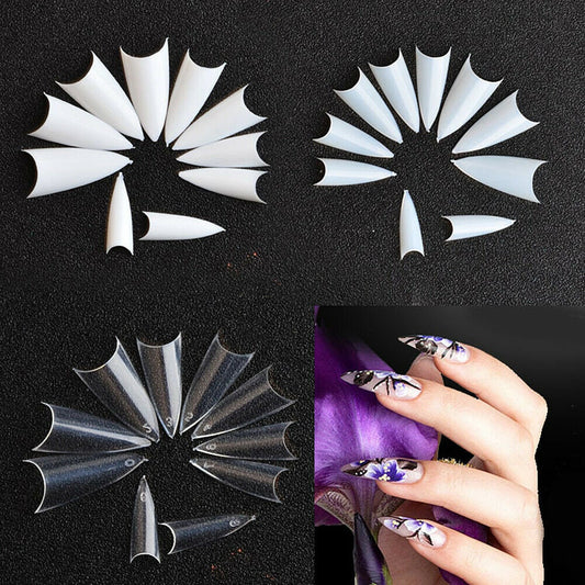 US 500-1000Pcs Stiletto French False Fake Acrylic Nail Tips Coffin Nails Long