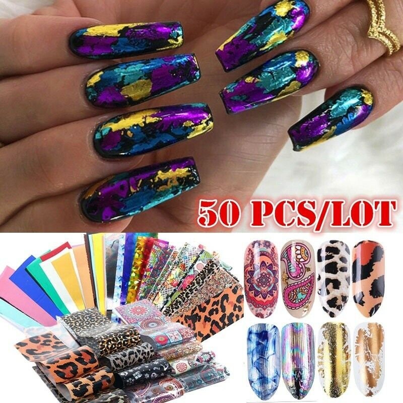 US 50 Sheets Holographic Flower Nail Foils Decal Nail Art Transfer Sticker Decor