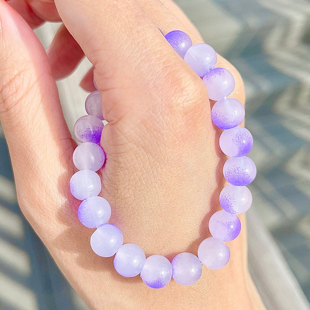 US Handmade Natural Soothing Healing Stone Smooth Purple/White Crystal Beaded Bracelet