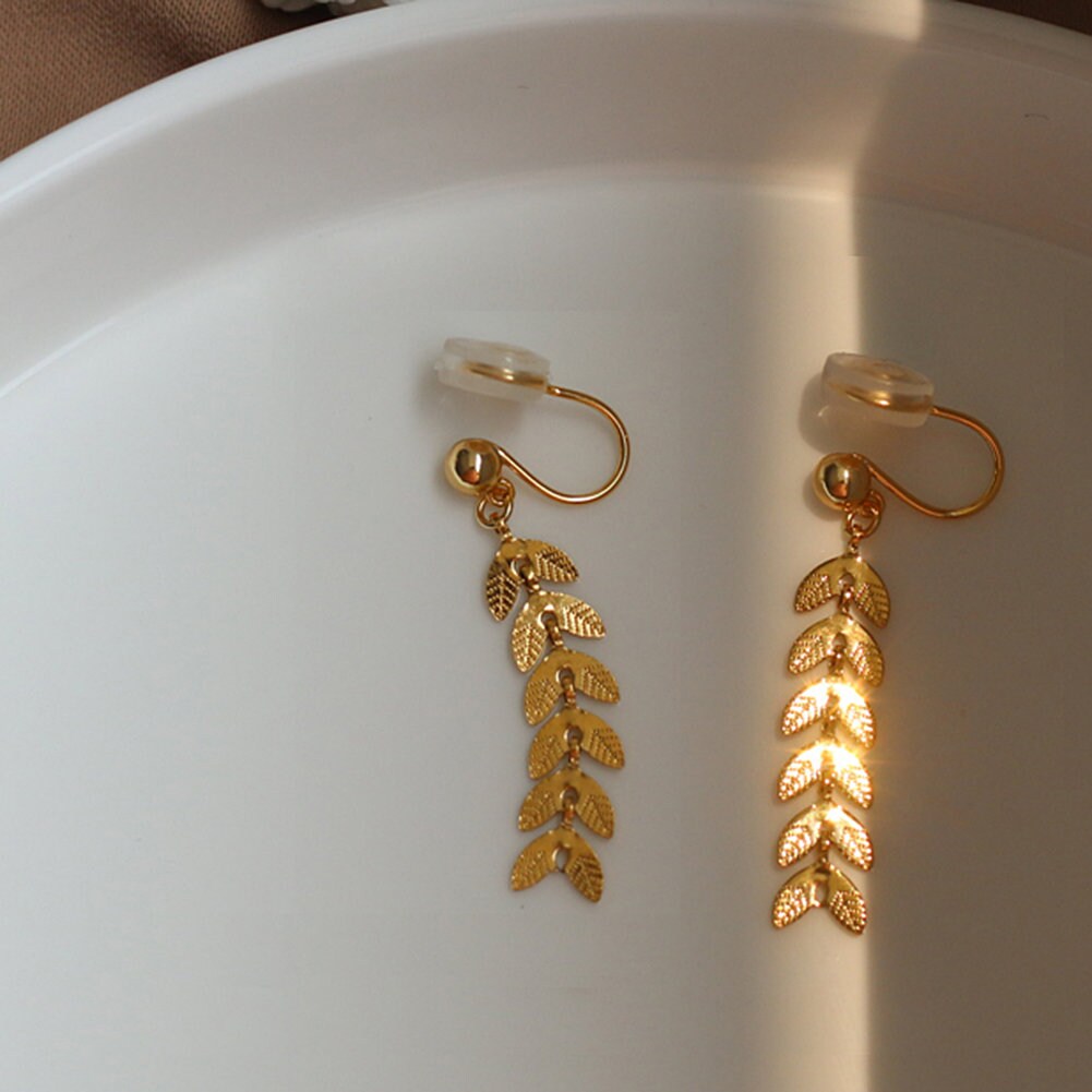 US Gold Leaves Long Dangle Non-Piercing Cilp-on Earrings Luxury Gold Plated Anti Tarnish w/ Pad