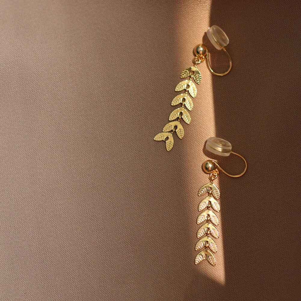 US Gold Leaves Long Dangle Non-Piercing Cilp-on Earrings Luxury Gold Plated Anti Tarnish w/ Pad