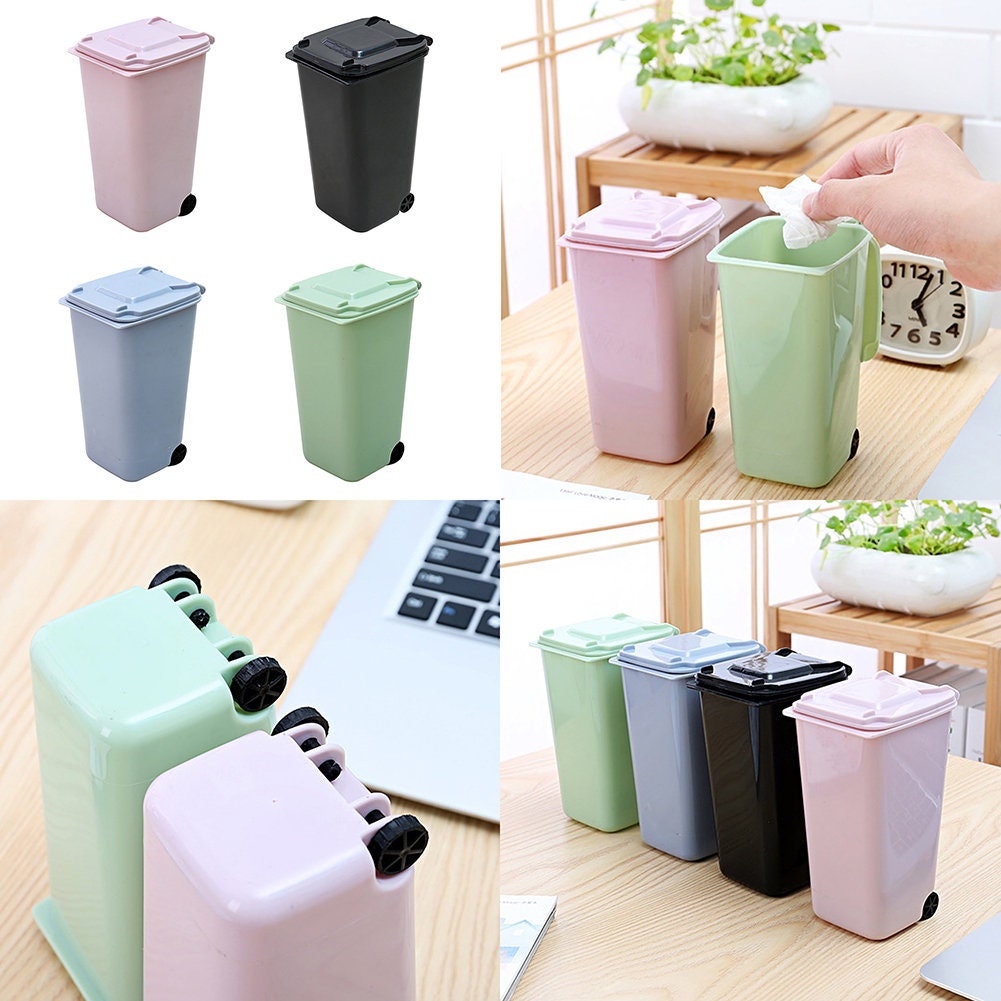 US 4 Pack Small Trash Can Mini Curbside Bin with Lid Desk Organizer Pen DIY Crafts Accessories Holder Multi Use