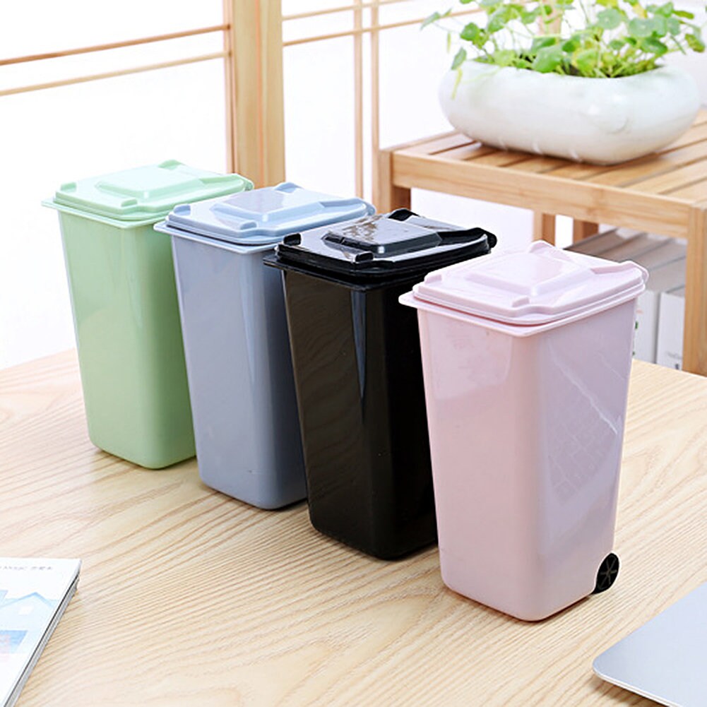 US 4 Pack Small Trash Can Mini Curbside Bin with Lid Desk Organizer Pen DIY Crafts Accessories Holder Multi Use