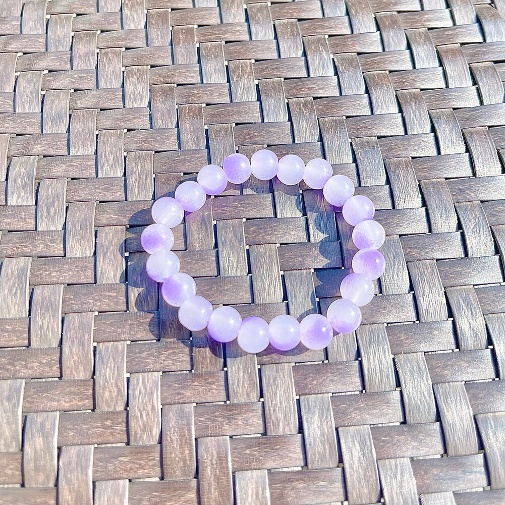 US Handmade Natural Soothing Healing Stone Smooth Purple/White Crystal Beaded Bracelet