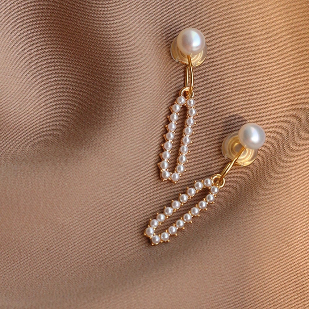 US Non-Piercing Cilp-on Earrings Luxury Pearl Anti Tarnish Paper Clip Design w/ Pad