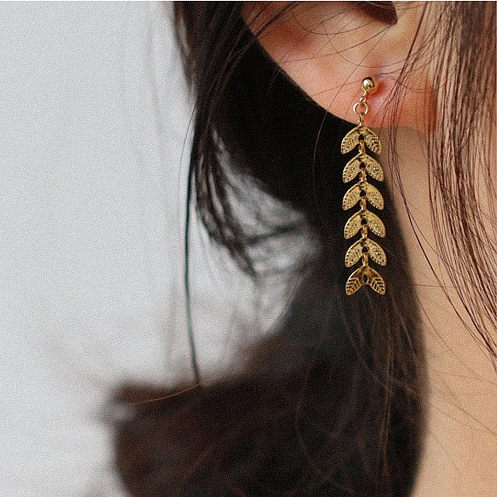 US Gold Leaves Long Dangle Non-Piercing Cilp-on Earrings Luxury Gold Plated Anti Tarnish w/ Pad