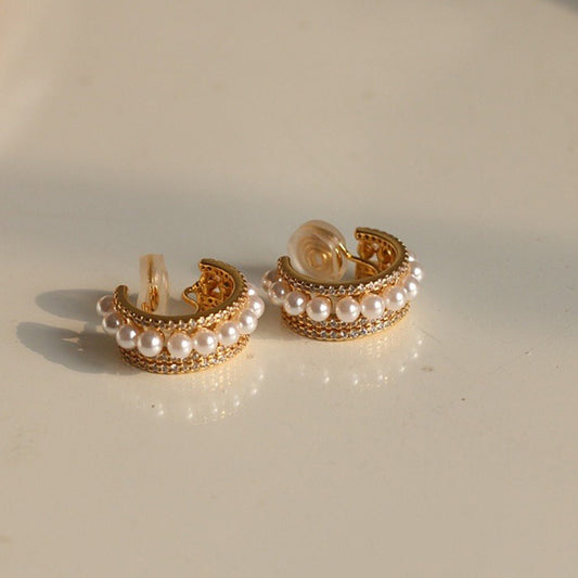 US Non-Piercing Cilp-on Earrings Luxury Pearl Anti Tarnish Ring Design Pattern w/ Pad