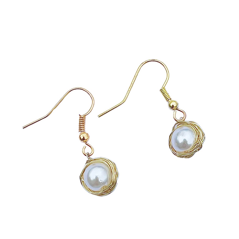 Magik Bird Nest Design Wiring 8mm High Luster Simulated Pearl Earrings, Everyday Earrings for Women and Girls